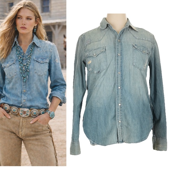 Polo Ralph Lauren Tops - Ralph Lauren Dungarees Distressed Denim Button Up Shirt Pearl Snap Western Women